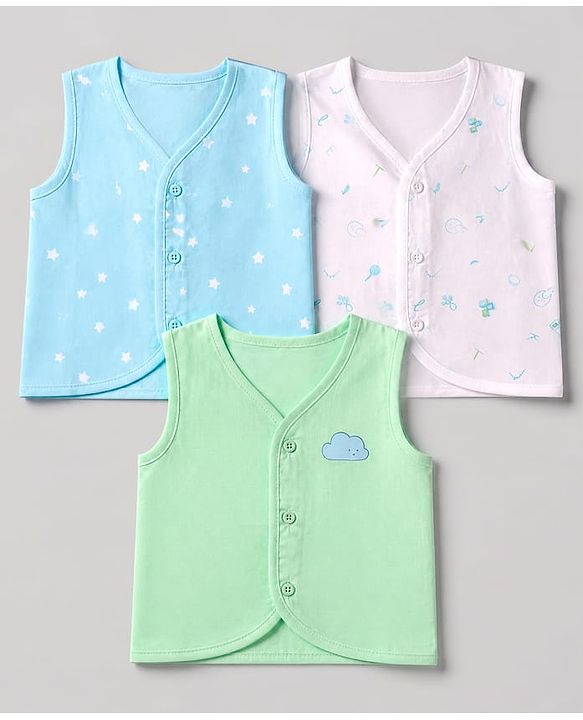 Babyhug 100% Cotton Cambric Woven Front Open Sleeveless Jhablas with Moon Star Cloud Pack of 3 - Light Blue, Light Green, Light Pink
