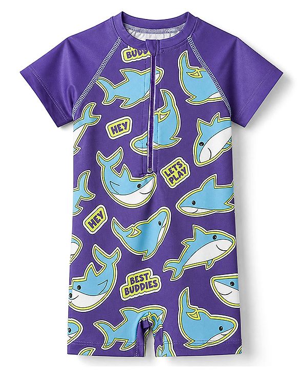 Babyhug Water Repellant Half Raglan Sleeves Legged Swimsuit with Shark Print - Navy Blue