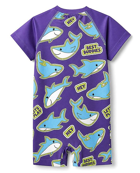 Babyhug Water Repellant Half Raglan Sleeves Legged Swimsuit with Shark Print - Navy Blue