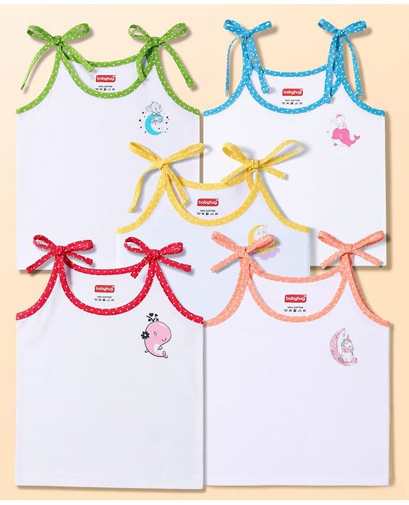 Babyhug 100% Cotton Cambric Woven Sleeveless Tie Knot Unicorn & Animals Printed Jhablas Pack of 5 - White