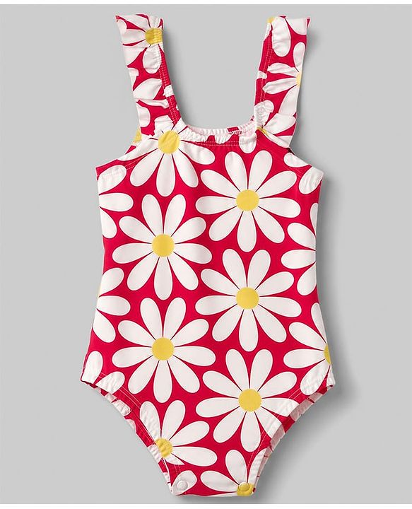 Babyhug Sleeveless Floral Printed Water Repellant V Cut Swimsuit - Red