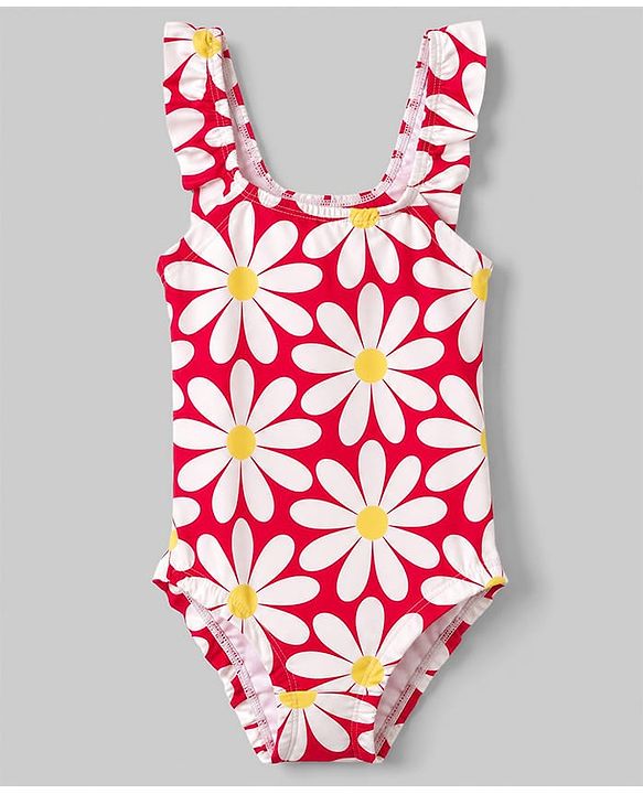 Babyhug Sleeveless Floral Printed Water Repellant V Cut Swimsuit - Red