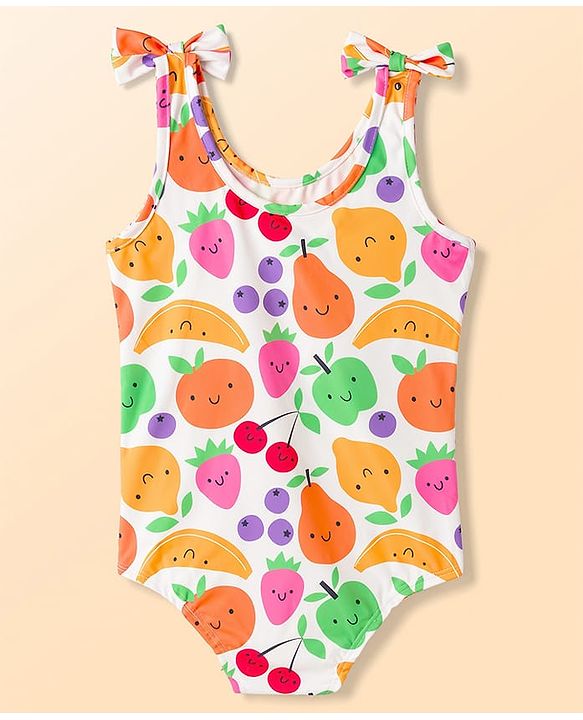 Babyhug Water Repellant Sleeveless V Cut Swimsuit with Fruits Print & Bow Applique - Multicolour