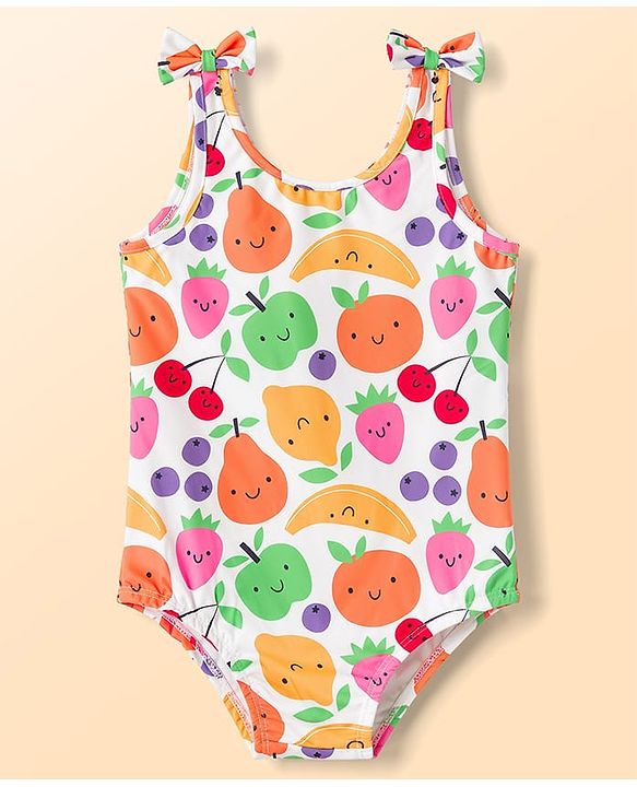 Babyhug Water Repellant Sleeveless V Cut Swimsuit with Fruits Print & Bow Applique - Multicolour