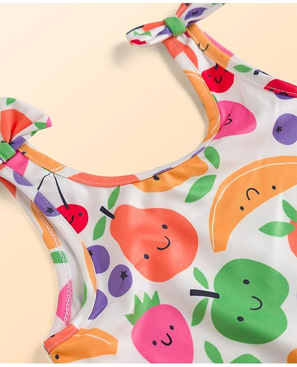 Babyhug Water Repellant Sleeveless V Cut Swimsuit with Fruits Print & Bow Applique - Multicolour