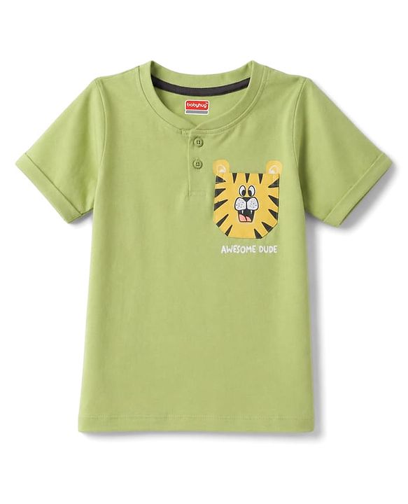 Babyhug Cotton Knit Half Sleeves Tiger Printed Henley Neck T-Shirt - Light Green