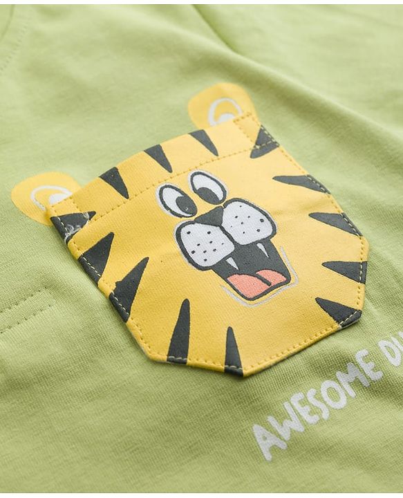 Babyhug Cotton Knit Half Sleeves Tiger Printed Henley Neck T-Shirt - Light Green