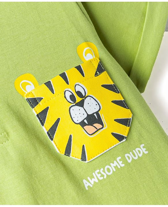 Babyhug Cotton Knit Half Sleeves Tiger Printed Henley Neck T-Shirt - Light Green