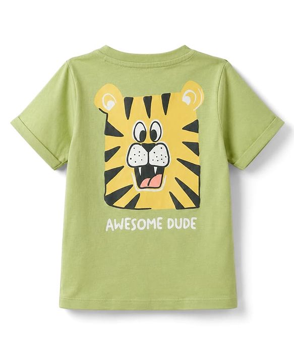 Babyhug Cotton Knit Half Sleeves Tiger Printed Henley Neck T-Shirt - Light Green