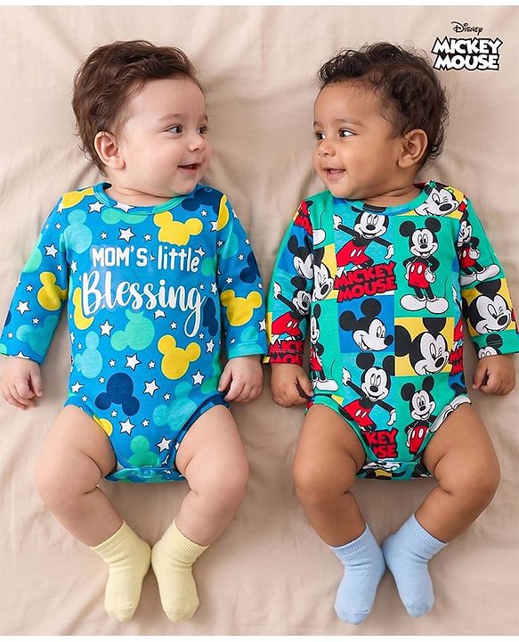 Babyhug Disney Interlock Knit Full Sleeves Onesies with Mickey Mouse Print Pack of 2 - Aqua