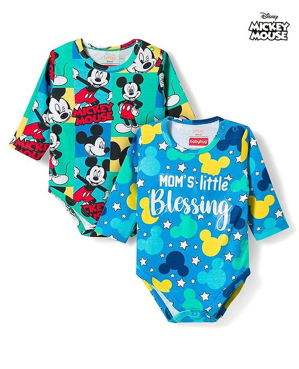 Babyhug Disney Interlock Knit Full Sleeves Onesies with Mickey Mouse Print Pack of 2 - Aqua