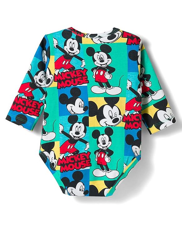 Babyhug Disney Interlock Knit Full Sleeves Onesies with Mickey Mouse Print Pack of 2 - Aqua
