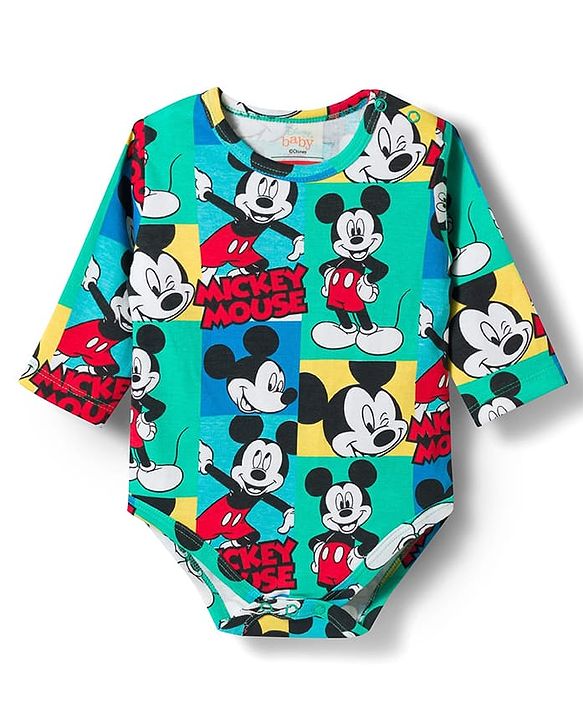 Babyhug Disney Interlock Knit Full Sleeves Onesies with Mickey Mouse Print Pack of 2 - Aqua