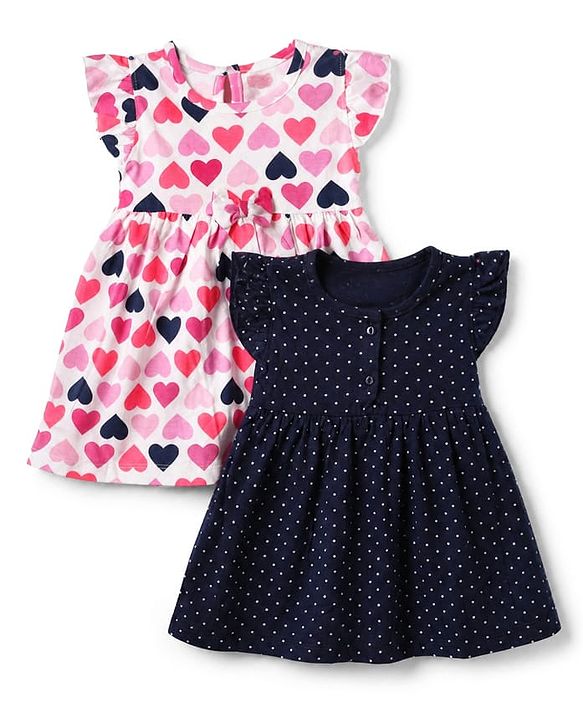 Babyhug Cotton Single Jersey Knit Knee Length Frock with Half Sleeves and Hearts Print Pack of 2 - Pink Navy Blue
