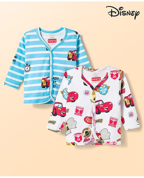 Babyhug Disney Interlock Knit Full Sleeves Jhablas with Cars Graphics Pack of 2 - White & Light Blue