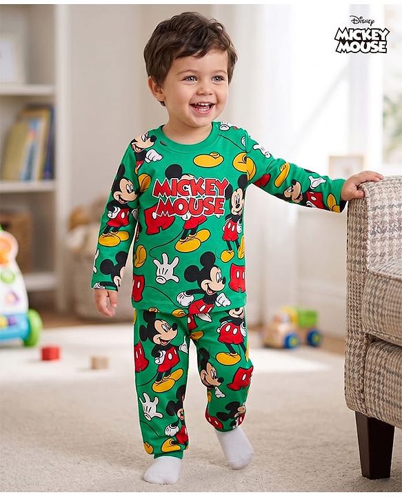 Babyhug Disney Single Jersey Knit Full Sleeves Co-Ords T-Shirt & Pyjama Night Suit with Mickey & Friends  Print - Green