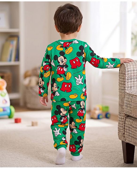 Babyhug Disney Single Jersey Knit Full Sleeves Co-Ords T-Shirt & Pyjama Night Suit with Mickey & Friends  Print - Green