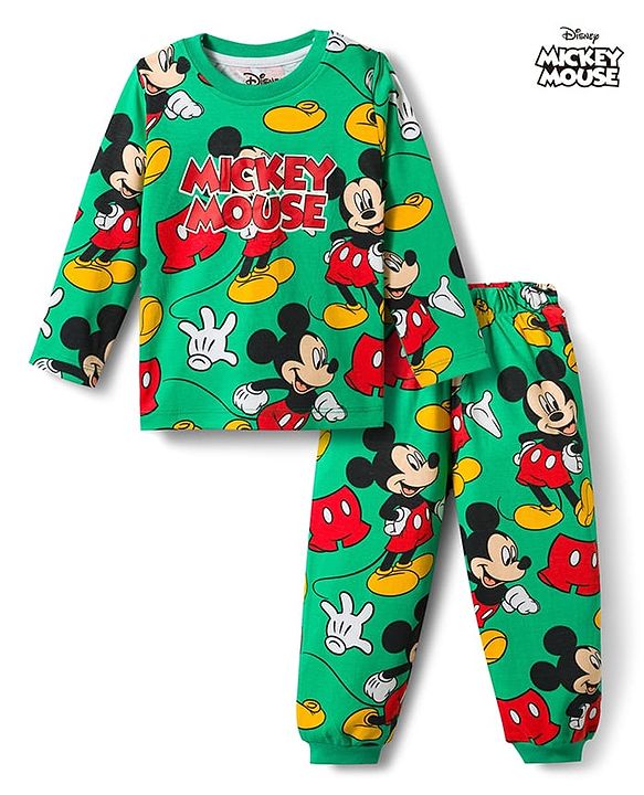 Babyhug Disney Single Jersey Knit Full Sleeves Co-Ords T-Shirt & Pyjama Night Suit with Mickey & Friends  Print - Green