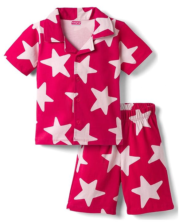 Babyhug 100% Cotton Knit Half Sleeves Co-Ords Shirt & Shorts Night Suit With Star Print - Red