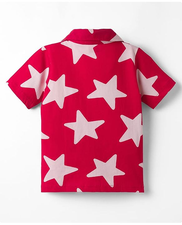 Babyhug 100% Cotton Knit Half Sleeves Co-Ords Shirt & Shorts Night Suit With Star Print - Red