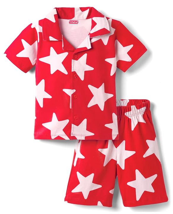 Babyhug 100% Cotton Knit Half Sleeves Co-Ords Shirt & Shorts Night Suit With Star Print - Red