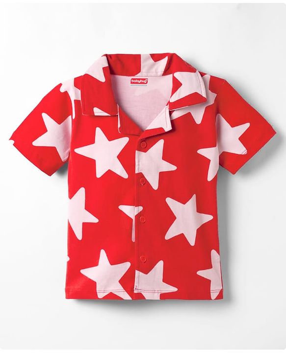 Babyhug 100% Cotton Knit Half Sleeves Co-Ords Shirt & Shorts Night Suit With Star Print - Red