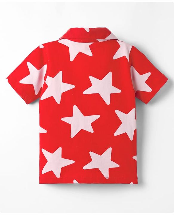 Babyhug 100% Cotton Knit Half Sleeves Co-Ords Shirt & Shorts Night Suit With Star Print - Red