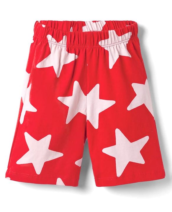 Babyhug 100% Cotton Knit Half Sleeves Co-Ords Shirt & Shorts Night Suit With Star Print - Red