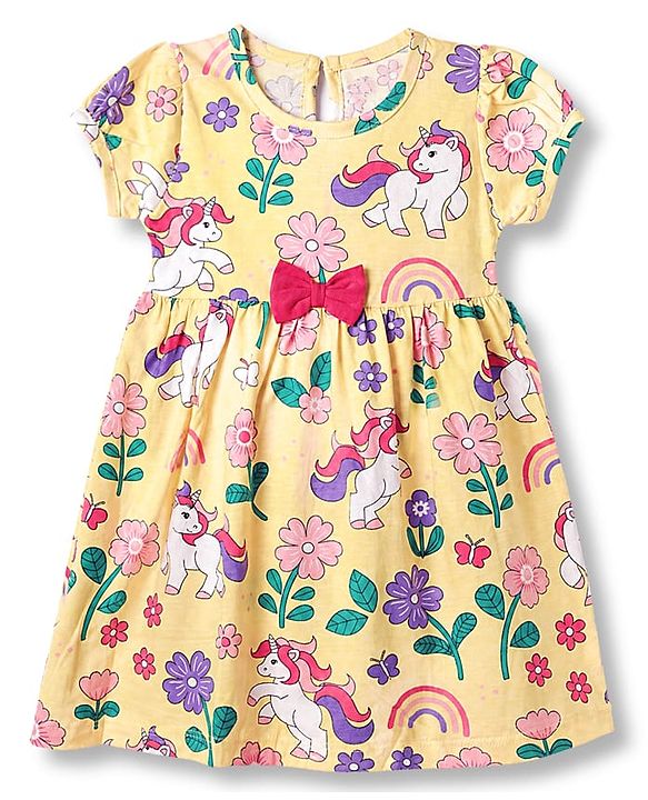 Babyhug Cotton Single Jersey Knit Half Puffed Sleeves Frocks with Floral, Rainbow and Unicorn Print Pack of 2 - Yellow & Red