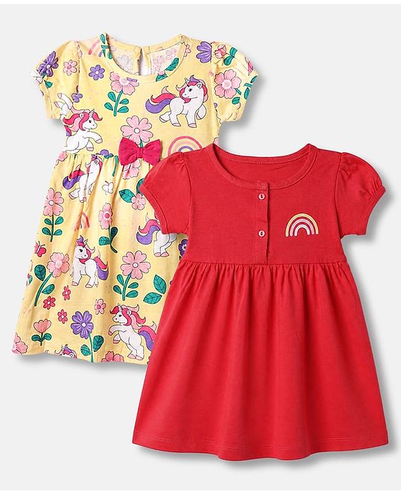 Babyhug Cotton Single Jersey Knit Half Puffed Sleeves Frocks with Floral, Rainbow and Unicorn Print Pack of 2 - Yellow & Red