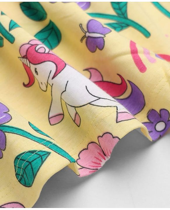 Babyhug Cotton Single Jersey Knit Half Puffed Sleeves Frocks with Floral, Rainbow and Unicorn Print Pack of 2 - Yellow & Red