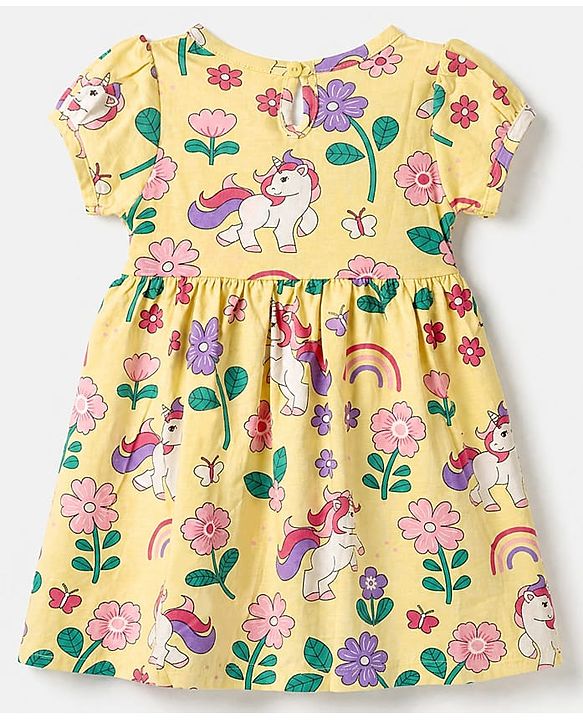 Babyhug Cotton Single Jersey Knit Half Puffed Sleeves Frocks with Floral, Rainbow and Unicorn Print Pack of 2 - Yellow & Red
