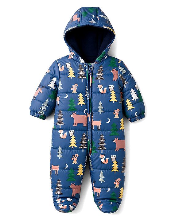 Babyhug Woven Heavy Polyfill Winter Wear Hooded Romper With Animal Print - Navy Blue