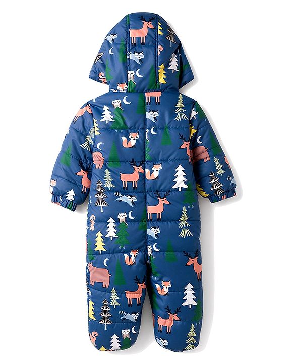 Babyhug Woven Heavy Polyfill Winter Wear Hooded Romper With Animal Print - Navy Blue