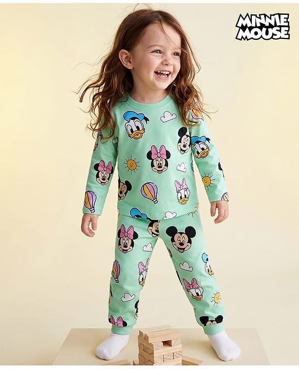 Babyhug Disney Single Jersey Knit Full Sleeves T-Shirt & Pyjama Night Suit with Minnie Mouse  Print - Green