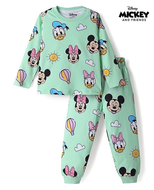 Babyhug Disney Single Jersey Knit Full Sleeves T-Shirt & Pyjama Night Suit with Minnie Mouse  Print - Green