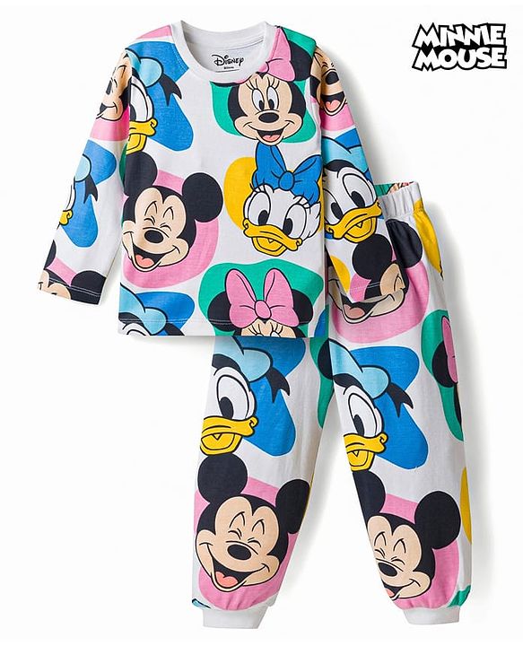 Babyhug Disney Single Jersey Knit Full Sleeves  Minnie & Friends Co-Ords T-Shirt & Pyjama Night Suit - White