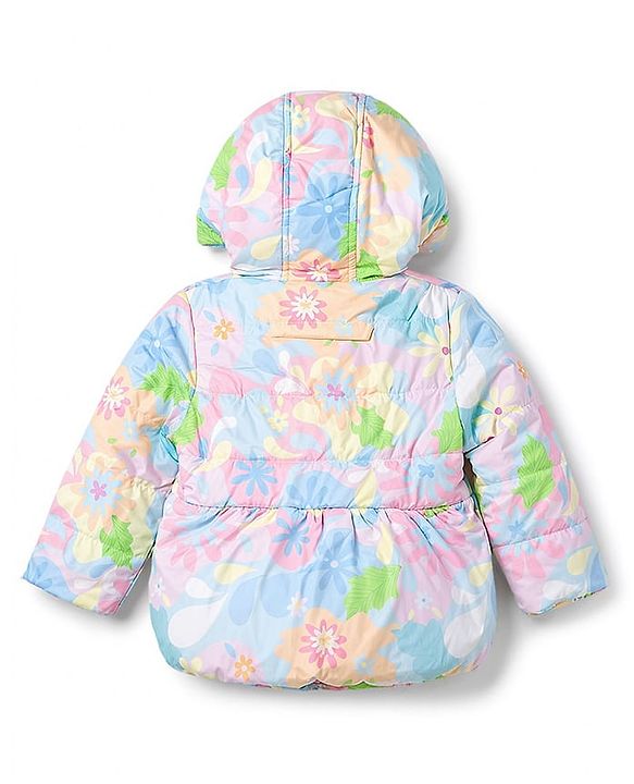 Babyhug Woven Full Sleeves Hooded Padded Jacket with Floral Print & Bow Applique - Light Blue
