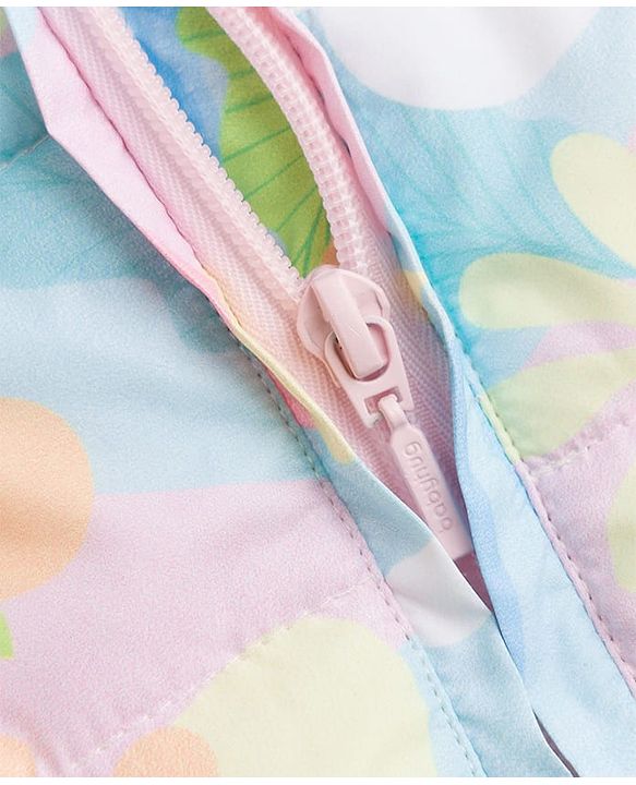 Babyhug Woven Full Sleeves Hooded Padded Jacket with Floral Print & Bow Applique - Light Blue