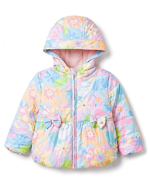 Babyhug Woven Full Sleeves Hooded Padded Jacket with Floral Print & Bow Applique - Light Blue