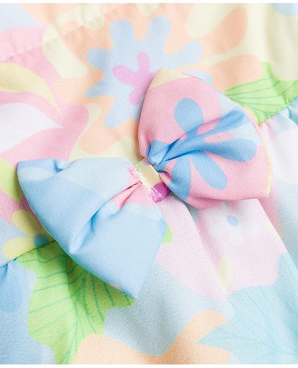 Babyhug Woven Full Sleeves Hooded Padded Jacket with Floral Print & Bow Applique - Light Blue