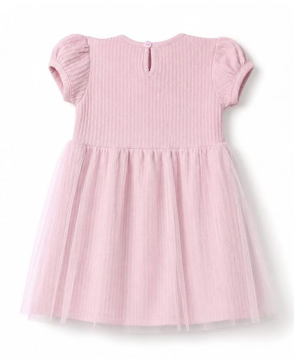 Babyhug Mesh Knit One Piece Dress with Half Sleeves and Bow Detail - Pink