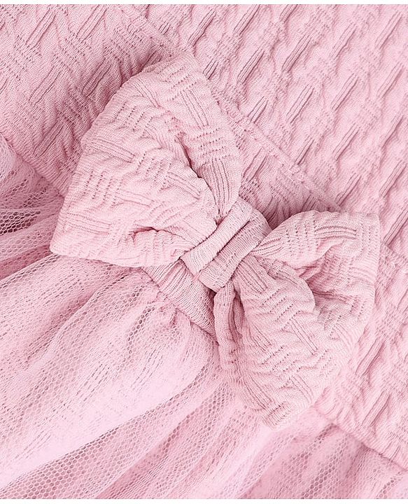 Babyhug Mesh Knit One Piece Dress with Half Sleeves and Bow Detail - Pink