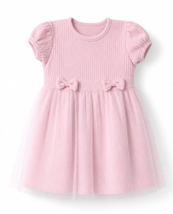 Babyhug Mesh Knit One Piece Dress with Half Sleeves and Bow Detail - Pink