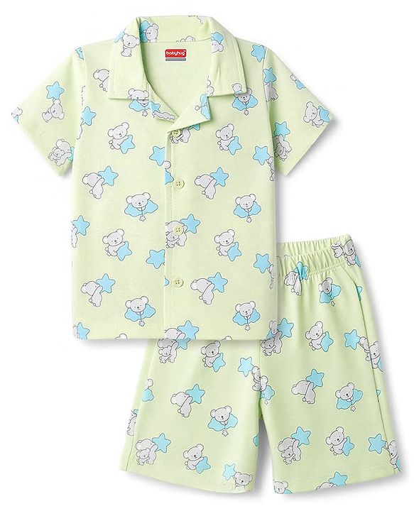 Babyhug 100% Cotton Knit Half Sleeves Co-Ords Shirt & Shorts Night Suit with Koala Print - Light Green