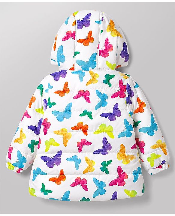 Babyhug Full Sleeves Hooded Winter Wear Set With Butterfly Print - White & Pink