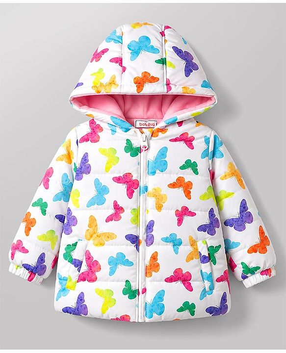 Babyhug Full Sleeves Hooded Winter Wear Set With Butterfly Print - White & Pink