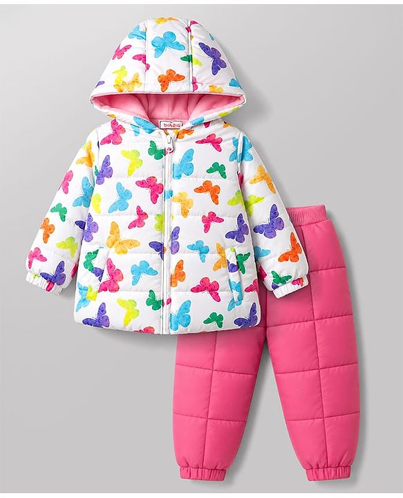 Babyhug Full Sleeves Hooded Winter Wear Set With Butterfly Print - White & Pink