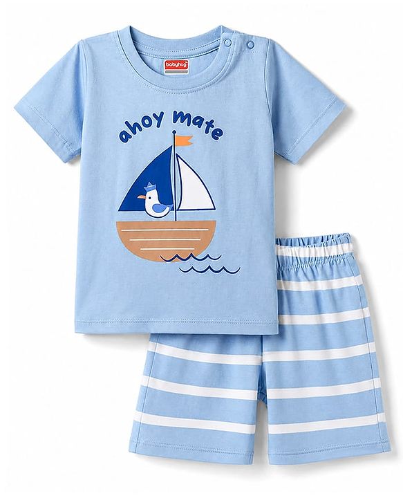 Babyhug 100% Cotton Knit Half Sleeves T-Shirt & Shorts Night Suit with Boat Print - Sky