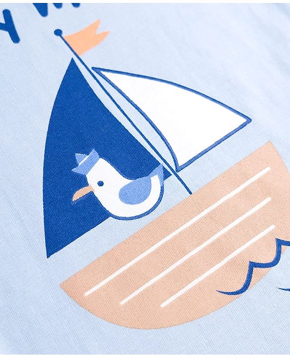 Babyhug 100% Cotton Knit Half Sleeves T-Shirt & Shorts Night Suit with Boat Print - Sky